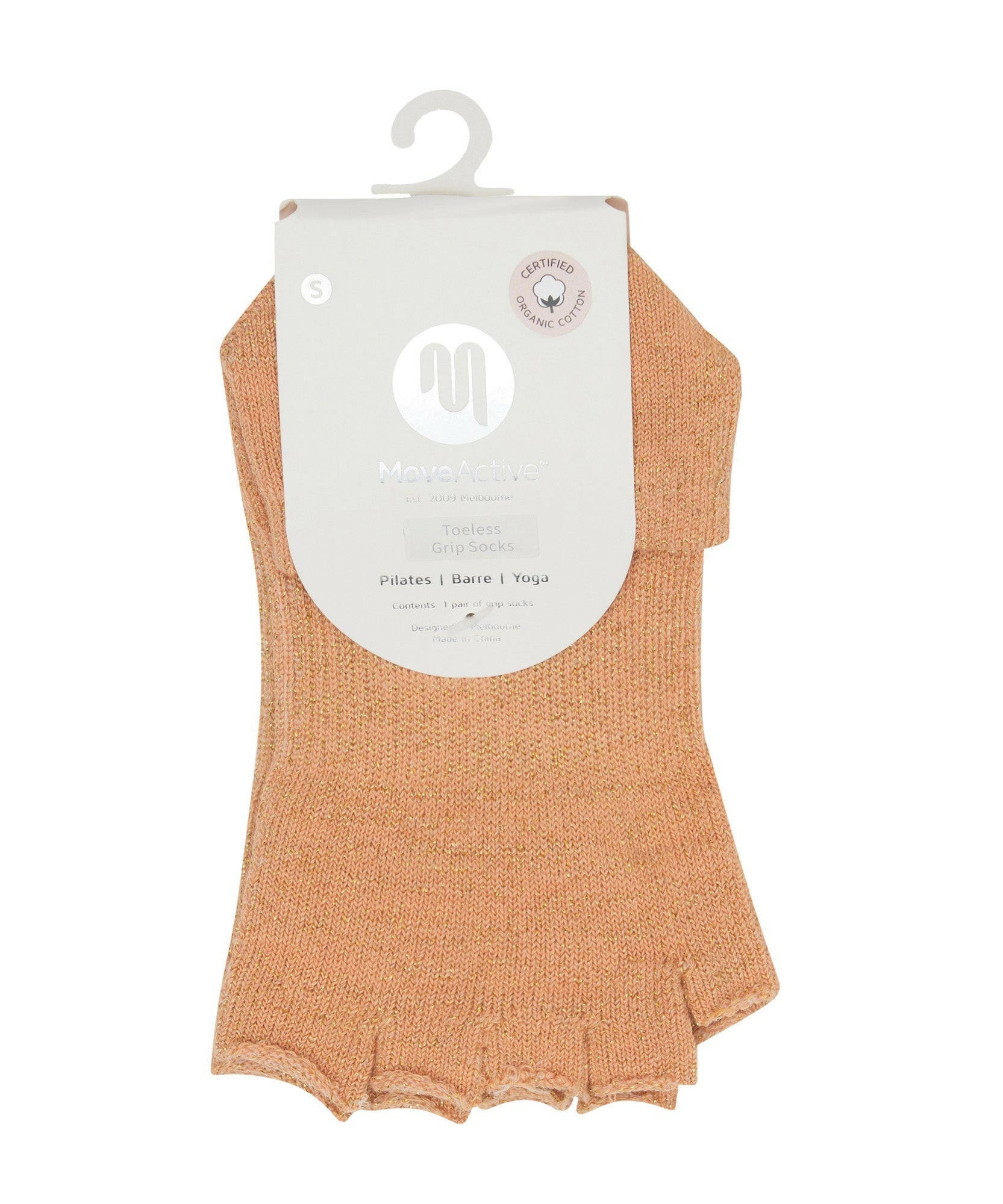 Fashionable and functional toeless socks with non slip grips in peach