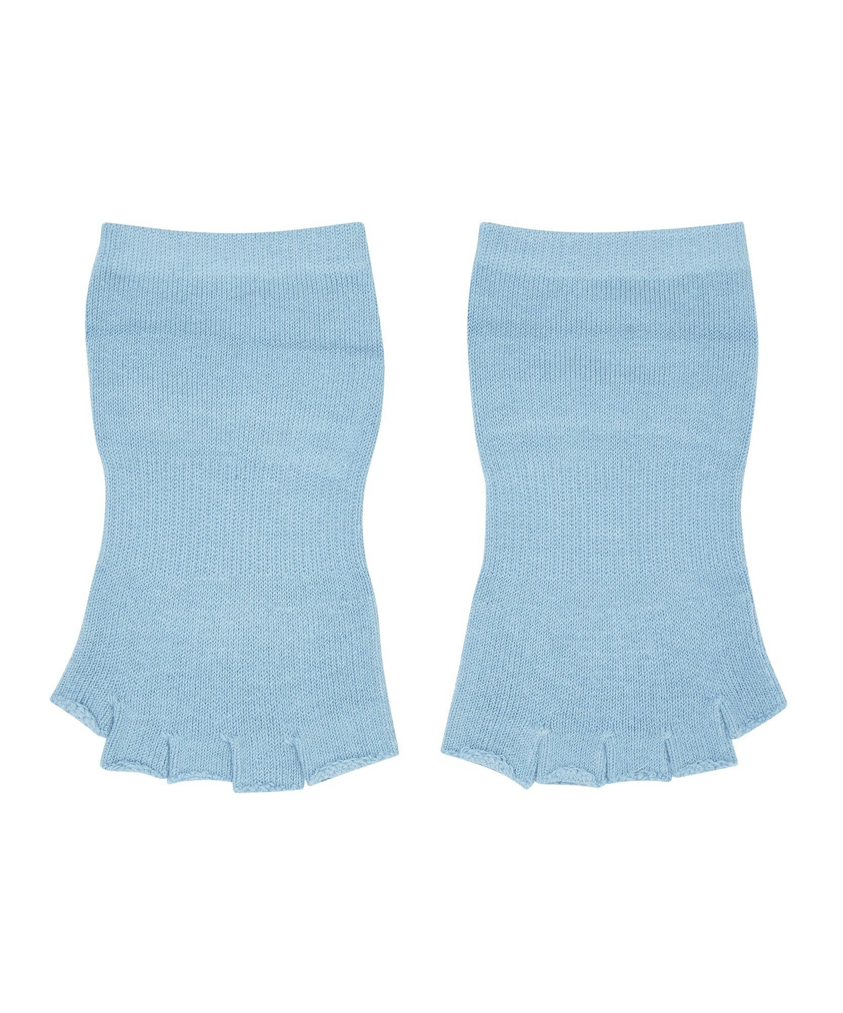 Close-up of Sea Blue Toeless Non Slip Grip Socks on a woman's feet