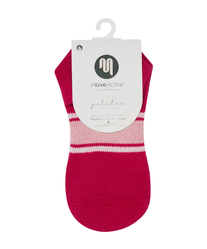 Fuchsia Stripes Classic Low Rise Grip Socks for yoga and pilates workouts