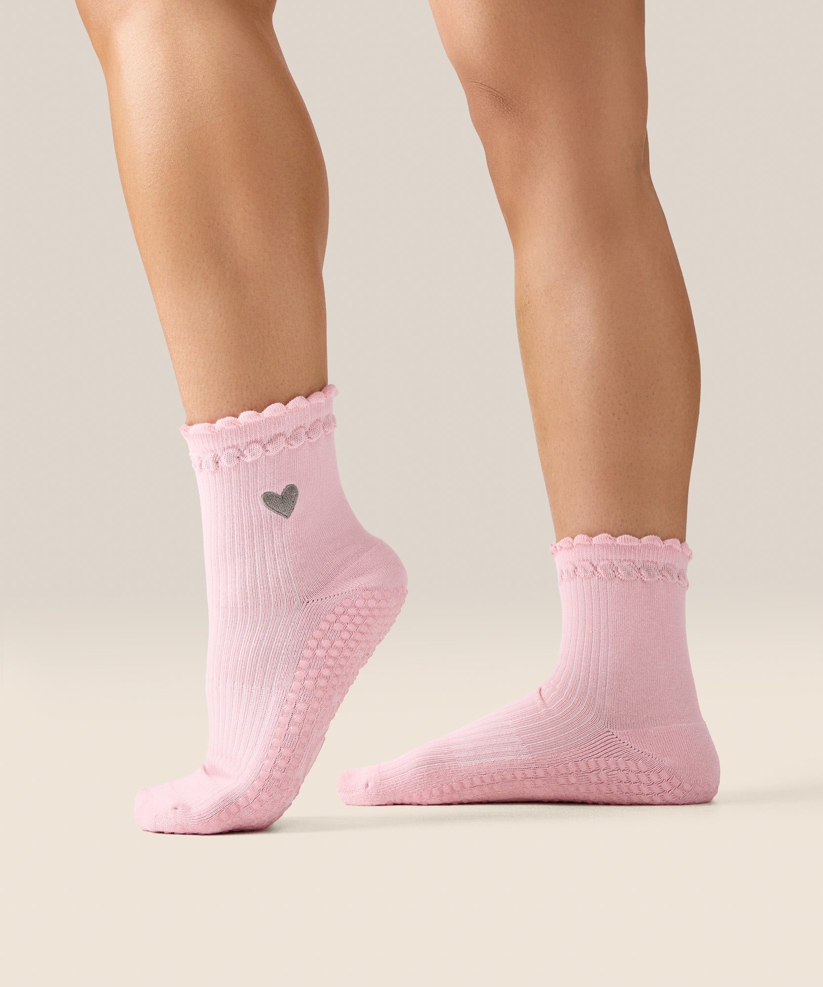 Crew Non Slip Grip Socks - Heart Ruffle Pink