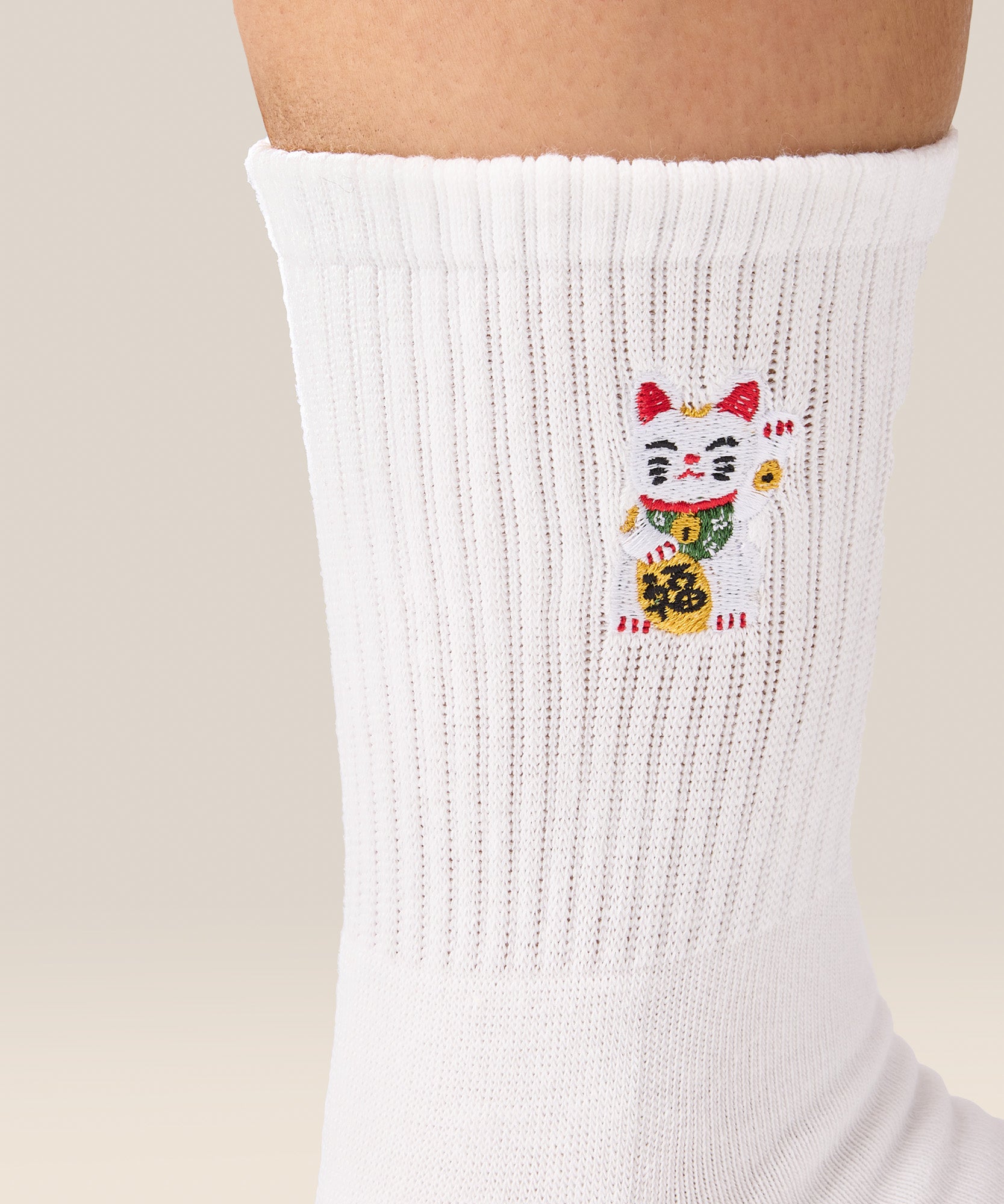 Crew Non Slip Grip Socks - Fortune Kitty Ivory