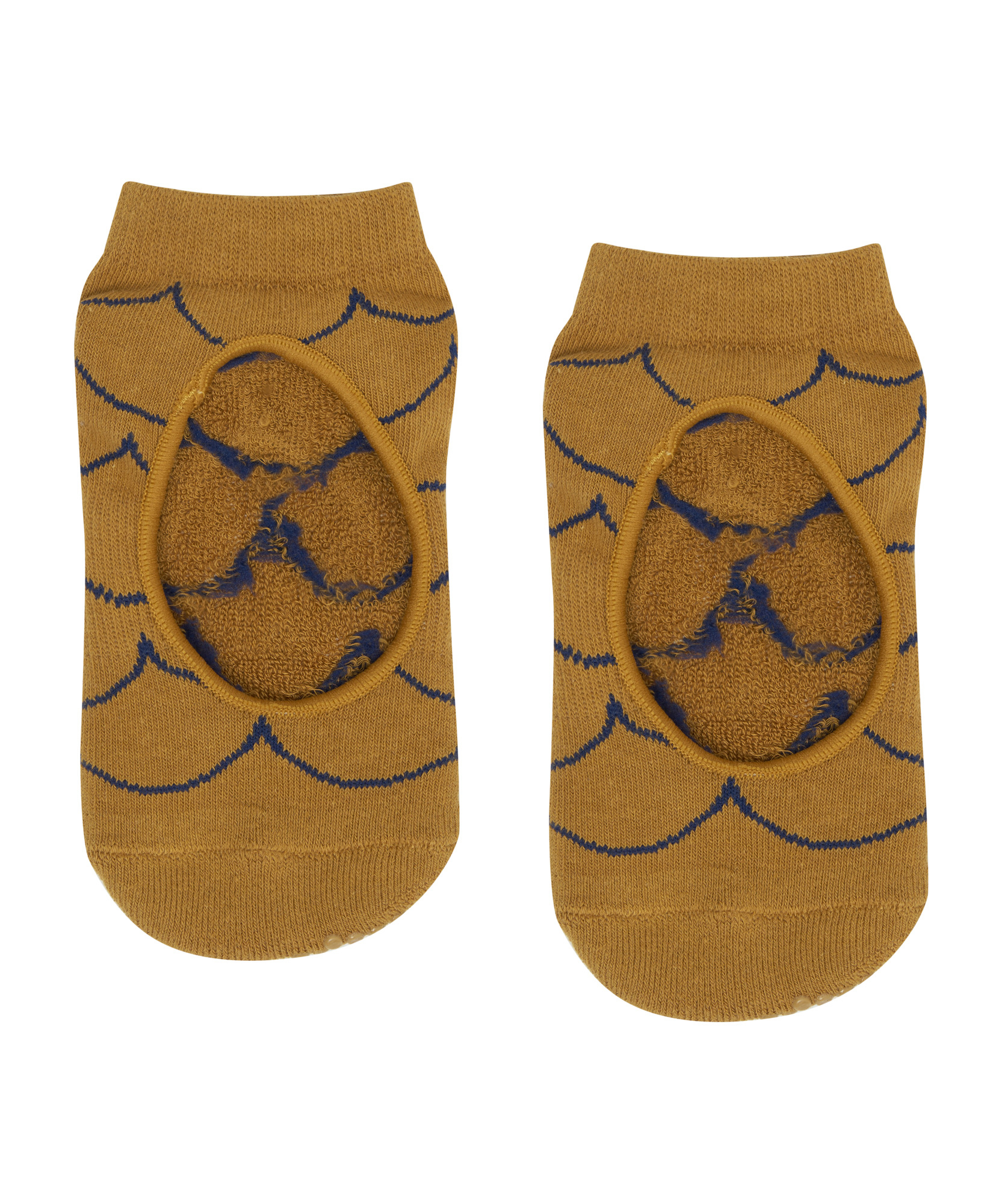 Close-up of non-slip rubber grips on mustard yellow scallop socks