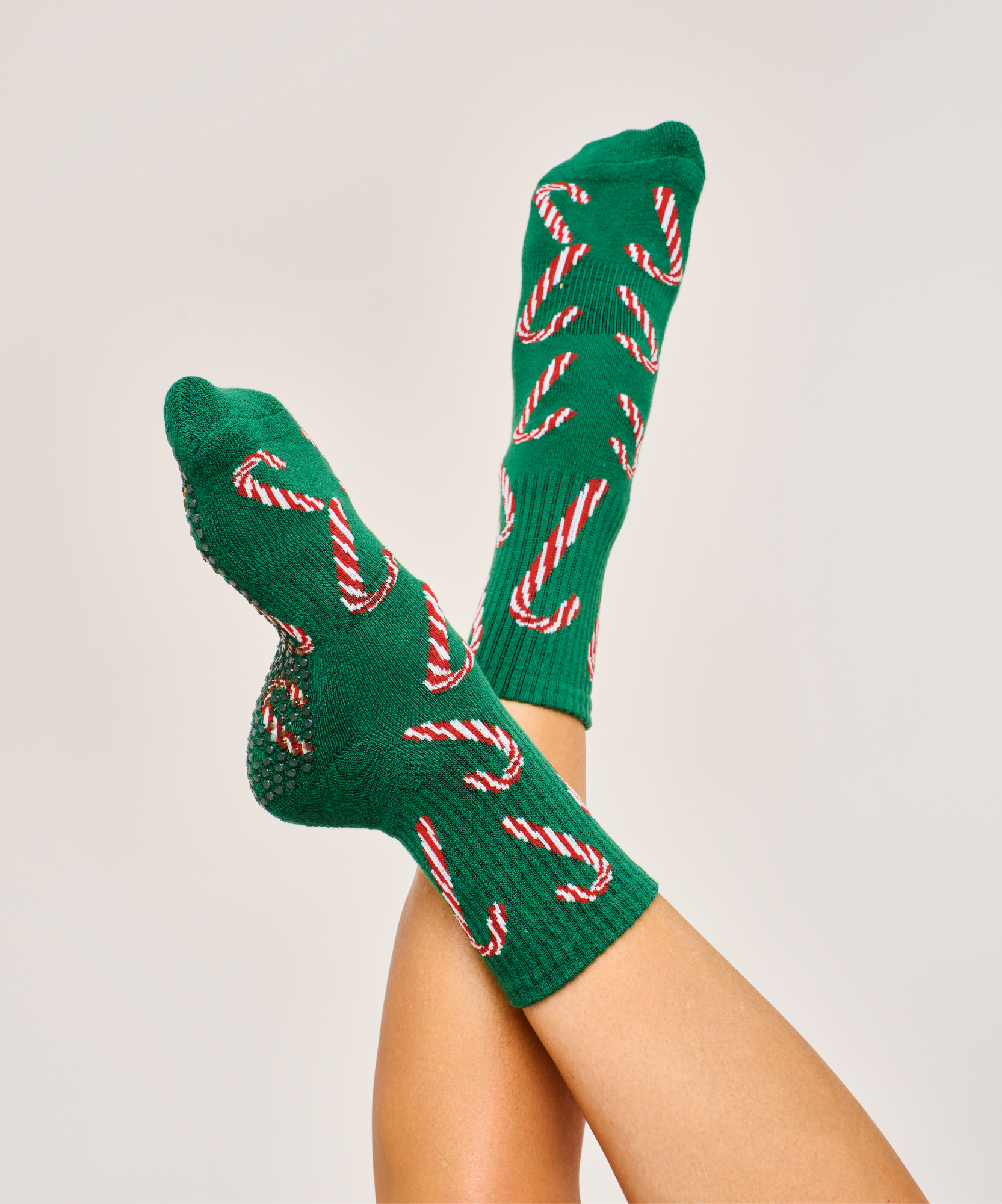 Colorful Candy Cane themed Crew Non Slip Grip Socks for safety and fun