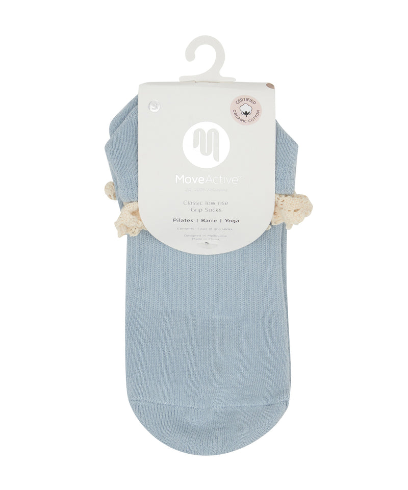 Classic Low Rise Grip Socks - Boho Ruffle Blue designed to provide stability and style during workouts
