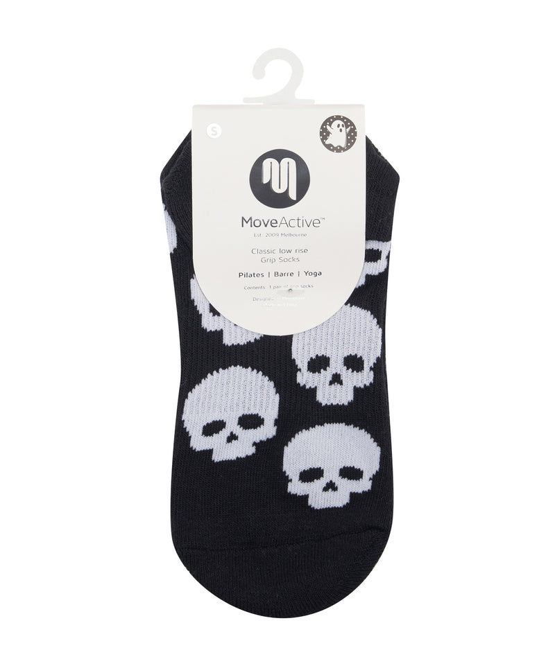 Black low rise socks with non-slip grip and skull design