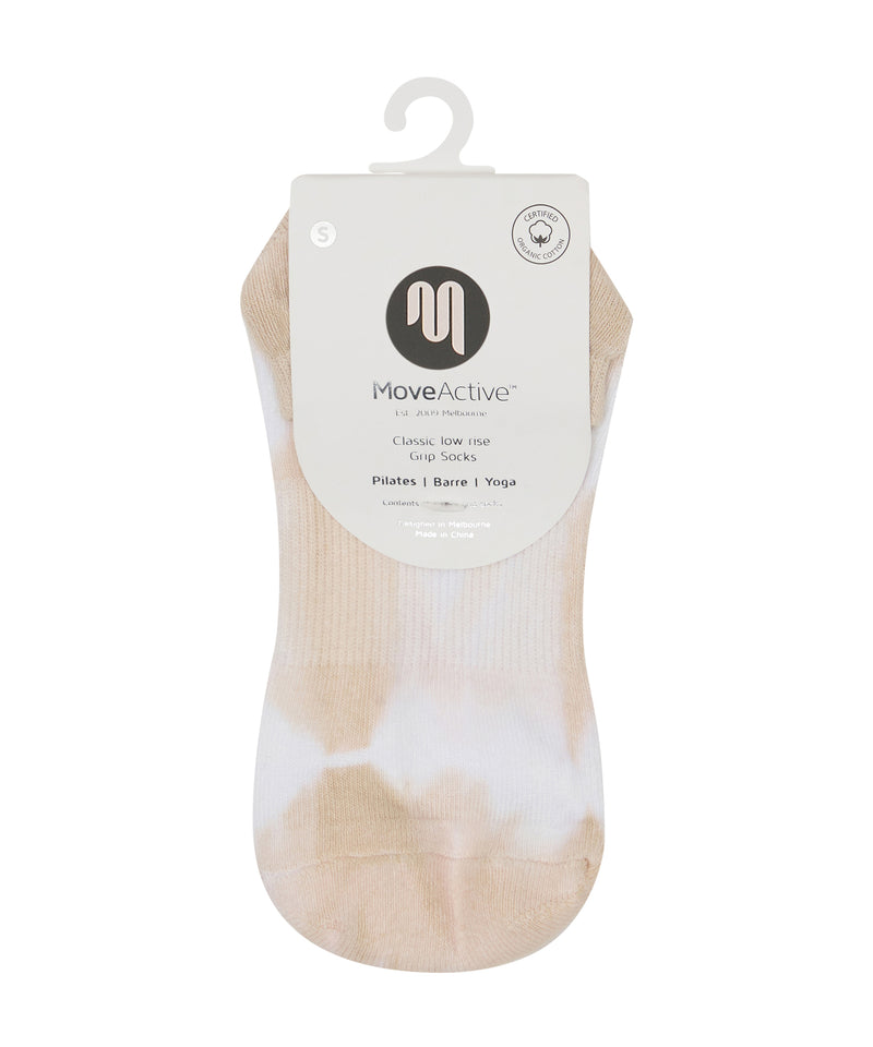 Low rise grip socks in saltwater tie-dye, ideal for yoga and barre workouts