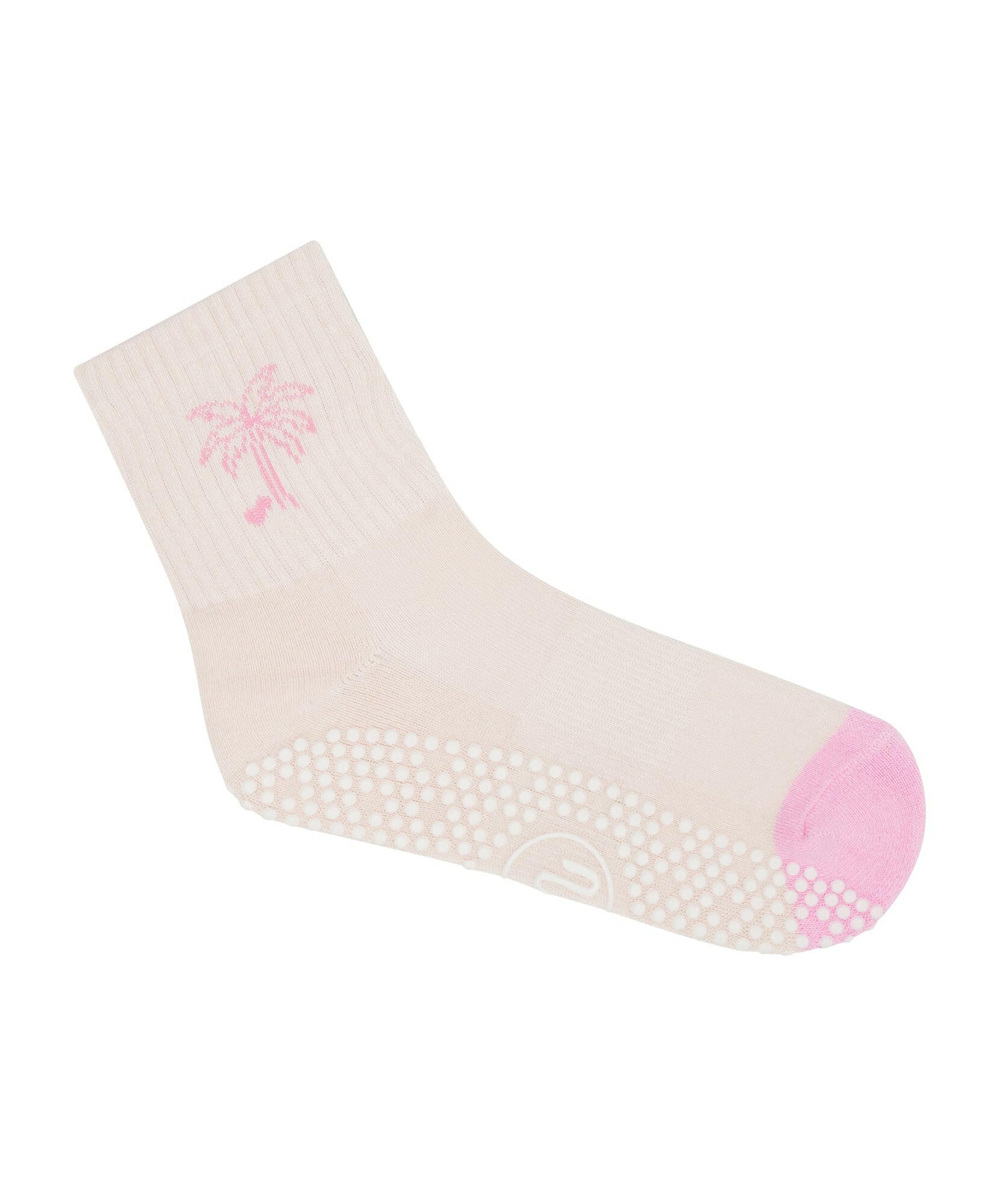 Woman wearing Crew Non Slip Grip Socks in Pink Palms during workout