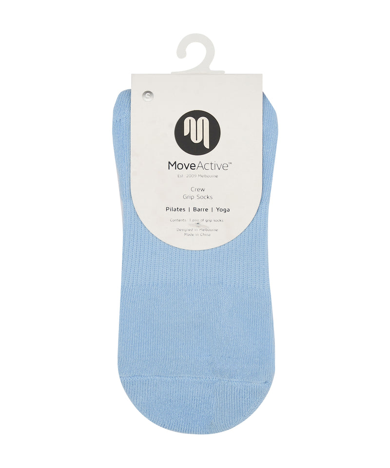 Powder blue striped non-slip crew grip socks designed for maximum traction