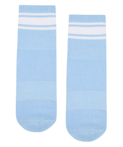 Powder blue striped Crew Non Slip Grip Socks with comfortable and secure fit