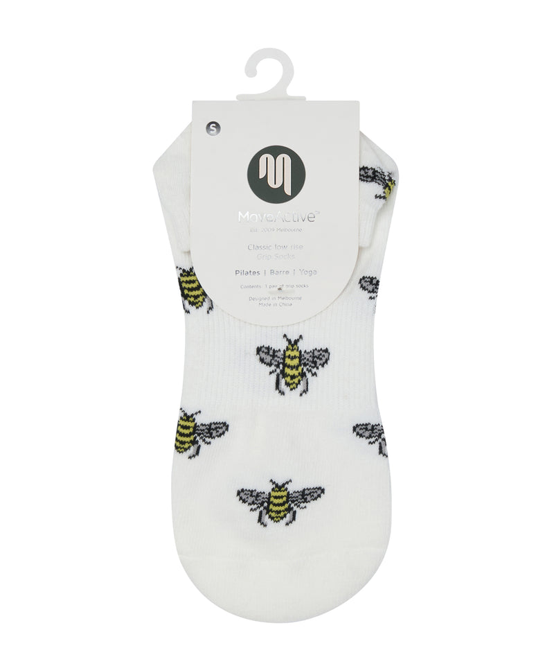 Women's low rise grip socks featuring a charming Busy Bee design