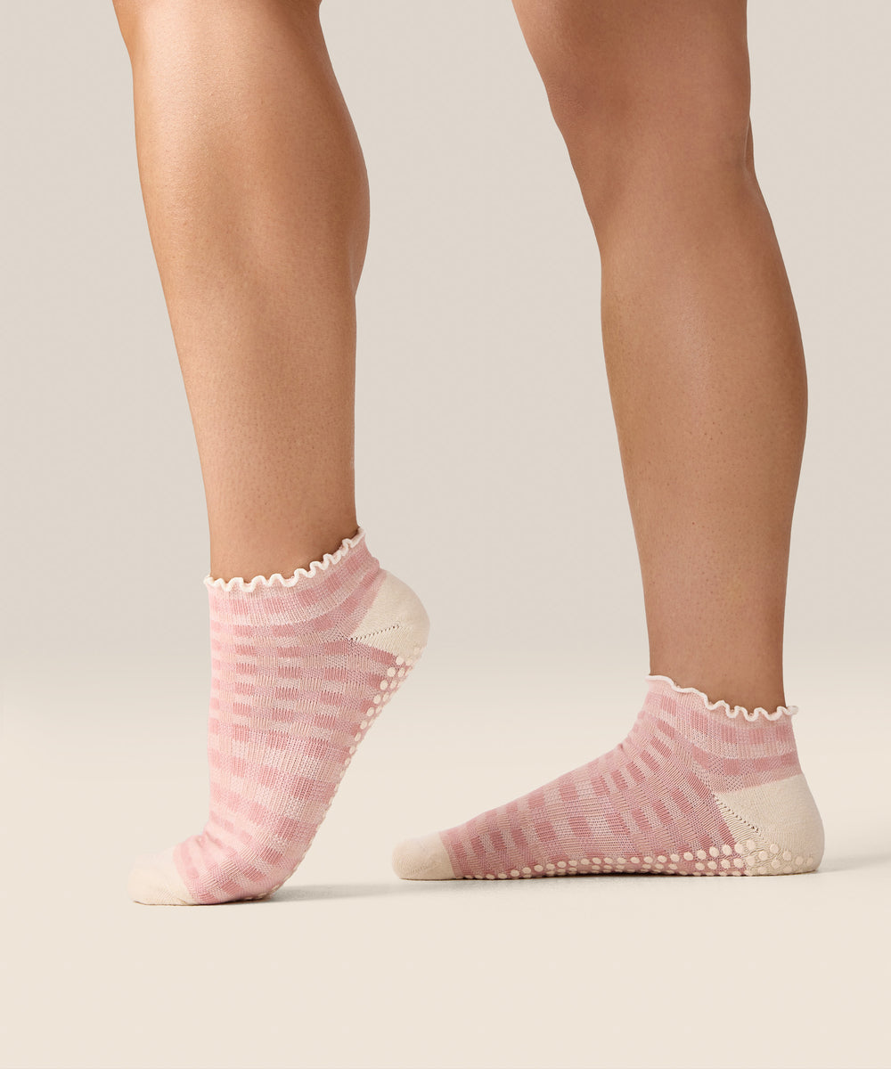Low Rise Grip Socks - Gingham Frill Rose