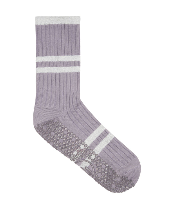 Lightweight Crew Non Slip Grip Socks - Ribbed Metallic Stripe in Purple Dove