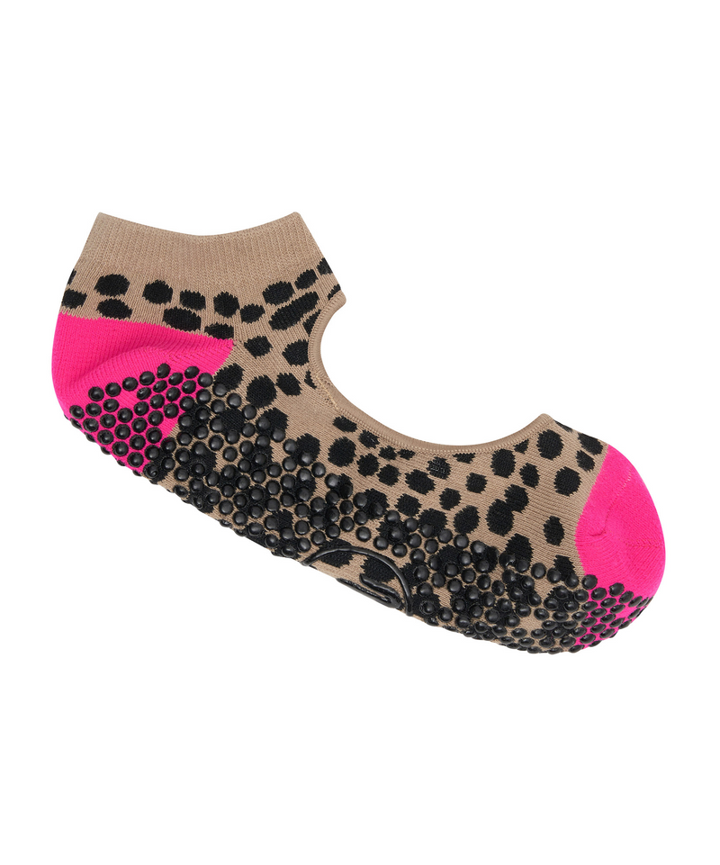 Non Slip Grip Socks, Tan & Neon Pink Spots